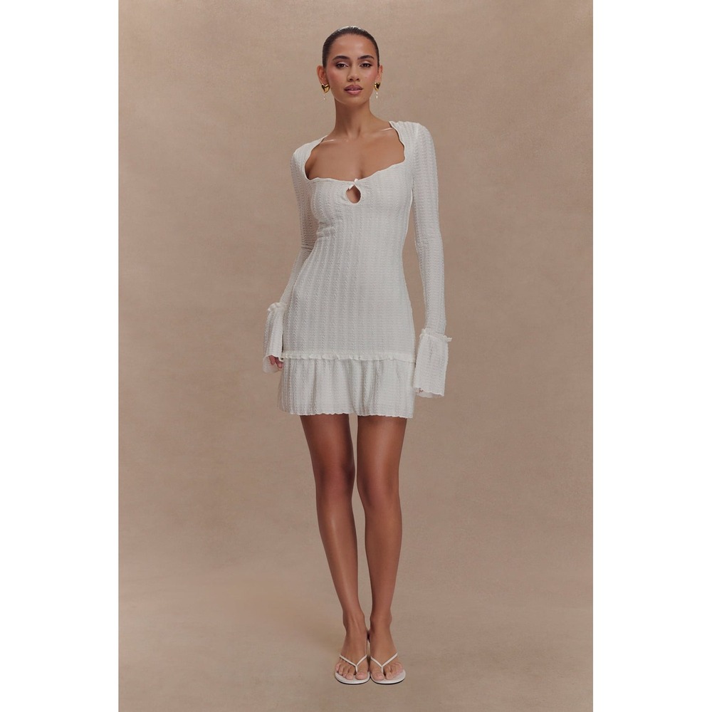 MESHKI Daphne Ivory Pointelle Long Sleeve Fitted Mini Dress Size S